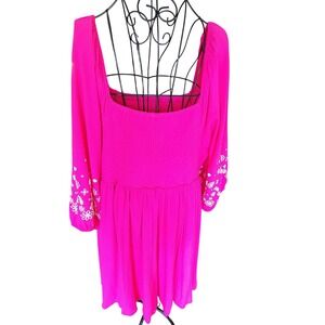 Torrid Hot Pink Smocked Floral Embroidered Sleeve Midi Dress 2 Plus Size Womens